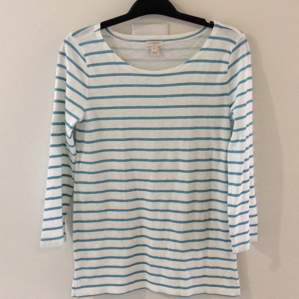 J. Crew Factory White‎ & Turquoise Stripe Long Sleeve Boatneck Tee